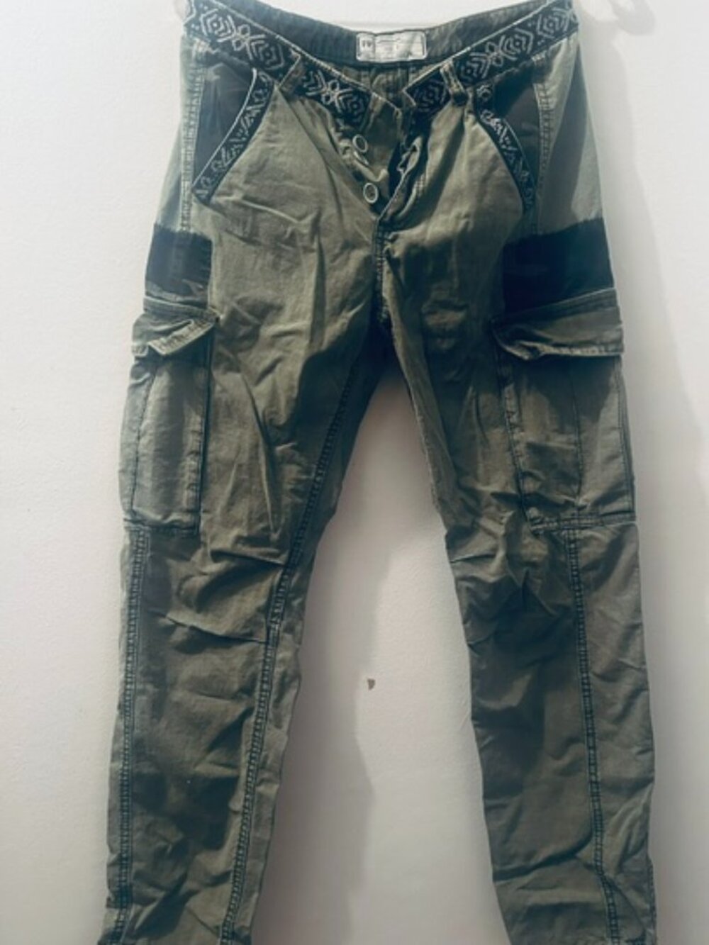 Free People Wild Nothing Embroidered Cargo Army Green Button Fly Cotton Pant